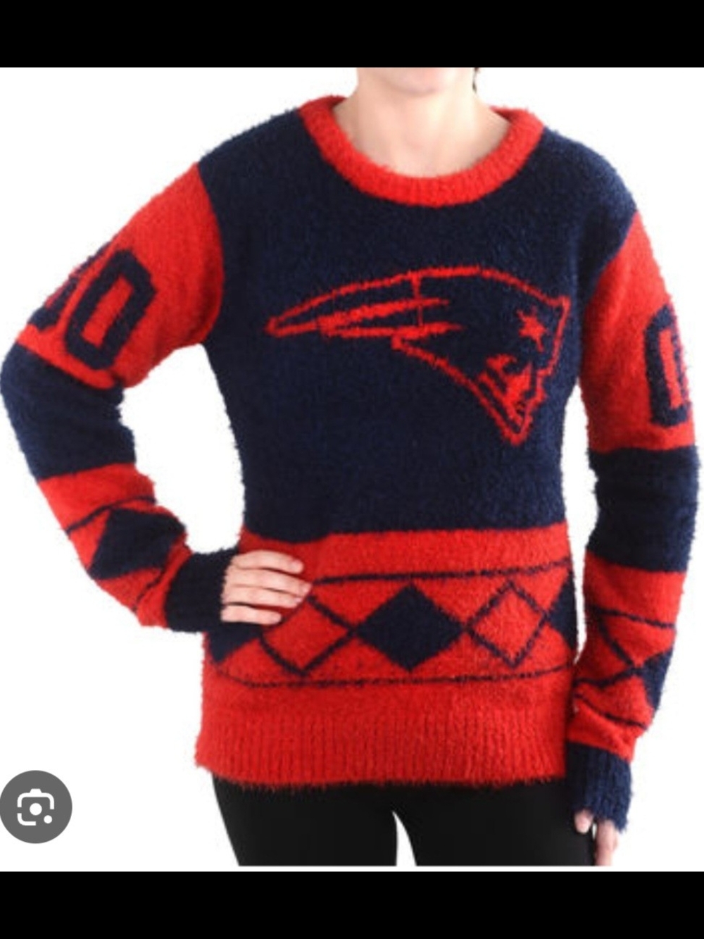 Patriots Football Ugly Crewneck Sweater Fuzzy Red Blue XL Gameday NFL Fan